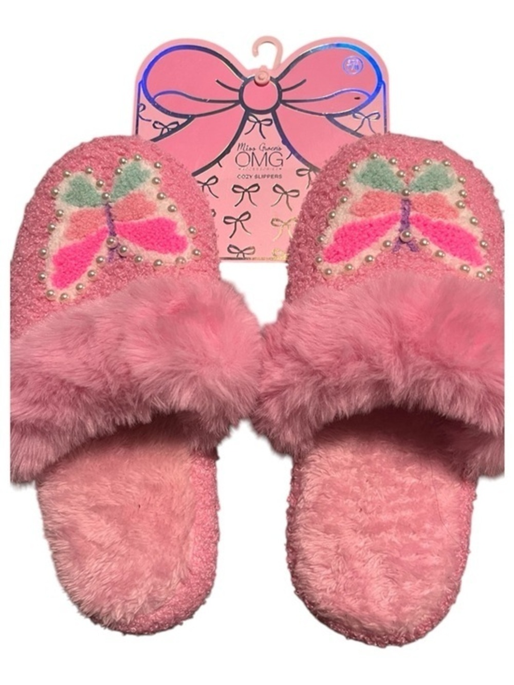 OMG Cozy Women's Pink Butterfly Fuzzy Slippers